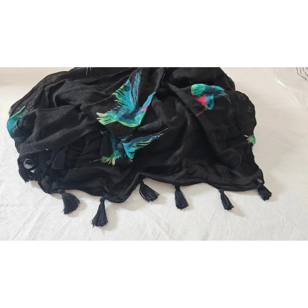 Lane Bryant Hummingbird Print Scarf Black Viscose Tassel Trim Lightweight Wrap